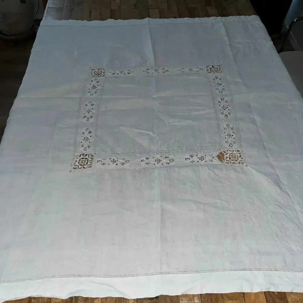White Linen Tablecloth 49 x 52 in Delicate Cutwork & Hand-Done Drawnwork
